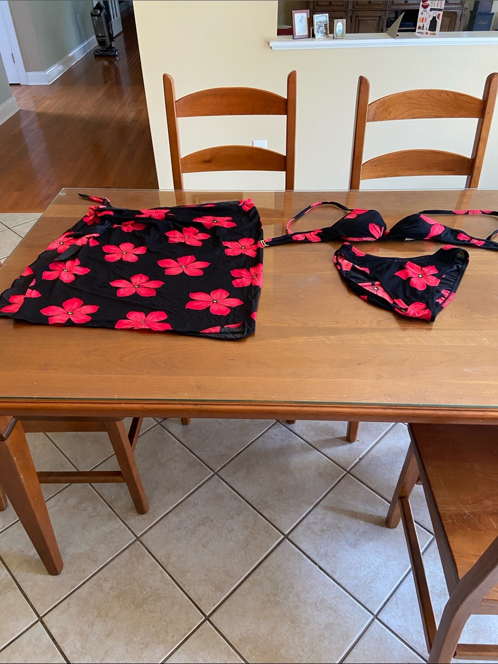 Jones New York Black and Red Floral Bikini and Sarong. Size 10.